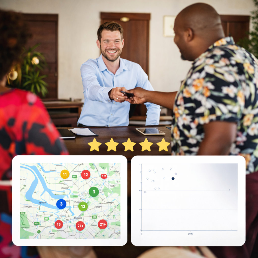 Smiling man in blue shirt handing a key to another man in floral shirt, with a five-star rating and two charts below.