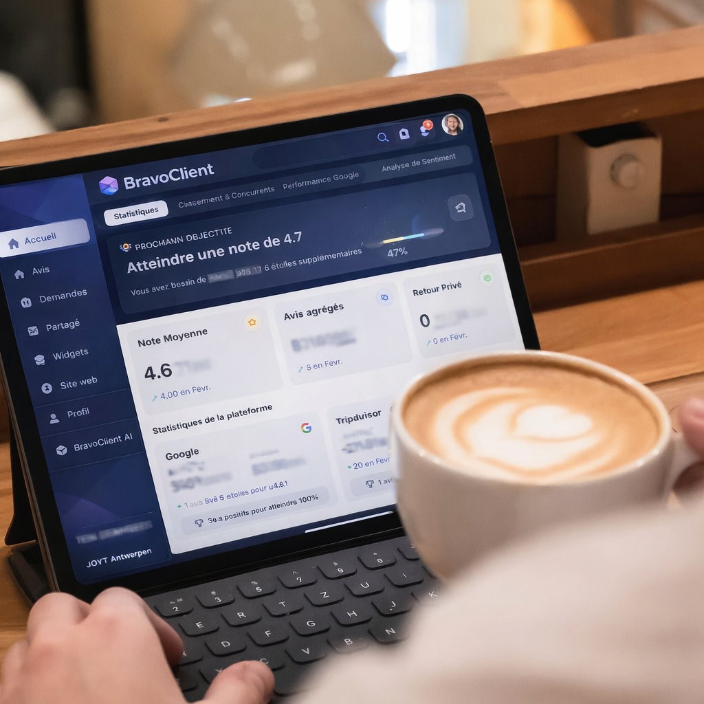 Person using a tablet with BravoClient dashboard open showing statistics and ratings, holding a cup of coffee with latte art.