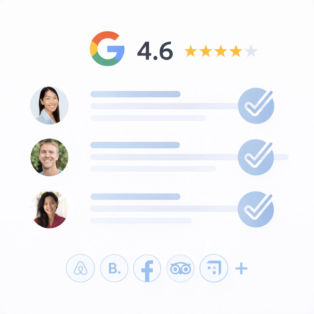 Google rating of 4.6 stars with three user profile pictures and verified check marks, plus icons for Airbnb, Booking, Facebook, TripAdvisor, and others below.